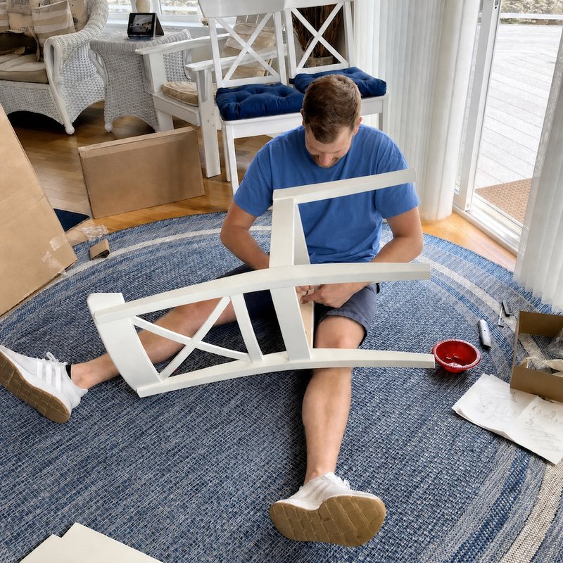 Linked Lives helper assembling a chair indoors
