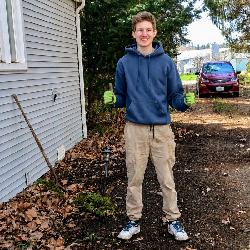 Linked Lives helper giving two thumbs up after yard work